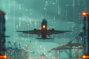 A digital illustration depicting AI and automation technologies in aviation, showcasing predictive maintenance, automated check-in kiosks, and personalized passenger experiences.