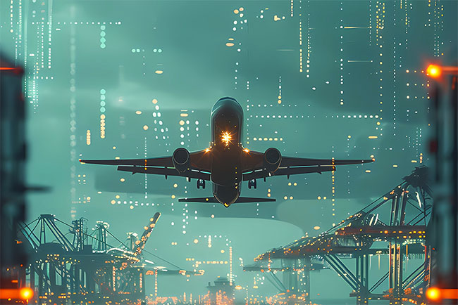 A digital illustration depicting AI and automation technologies in aviation, showcasing predictive maintenance, automated check-in kiosks, and personalized passenger experiences.