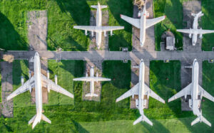 An overhead view of several parked aircraft arranged on green grass. The planes are lined up in various orientations, showcasing their wings and fuselages against the vibrant green landscape.
